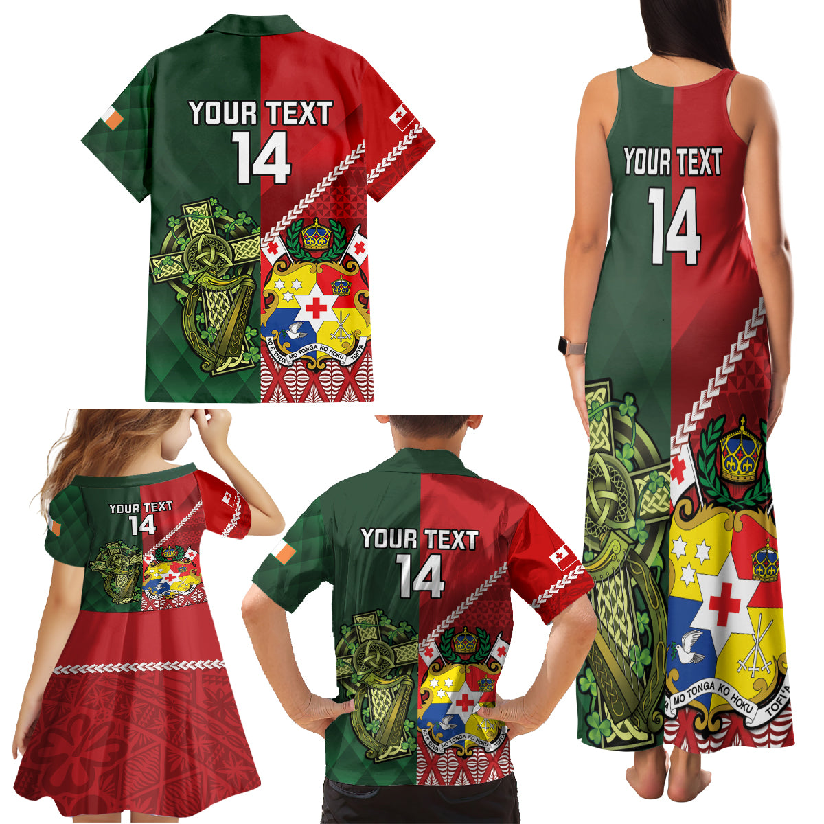 Custom Tonga And Ireland Rugby Family Matching Tank Maxi Dress and Hawaiian Shirt Ikale Tahi With Shamrocks LT14 - Polynesian Pride