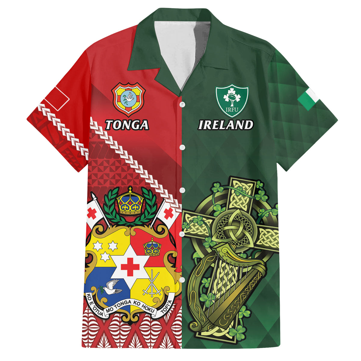 Custom Tonga And Ireland Rugby Family Matching Tank Maxi Dress and Hawaiian Shirt Ikale Tahi With Shamrocks LT14 Dad's Shirt - Short Sleeve Red - Polynesian Pride