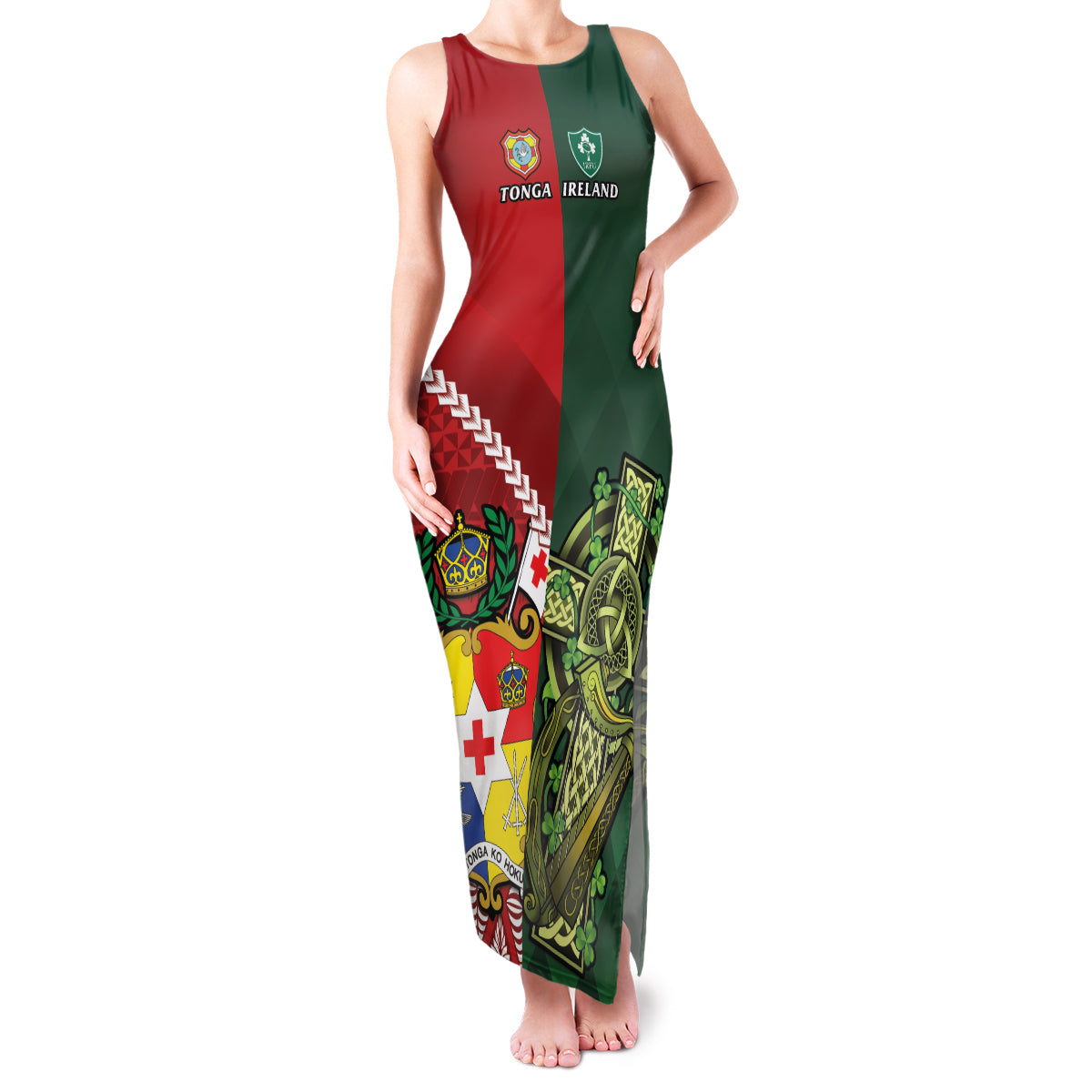 Custom Tonga And Ireland Rugby Family Matching Tank Maxi Dress and Hawaiian Shirt Ikale Tahi With Shamrocks LT14 Mom's Dress Red - Polynesian Pride