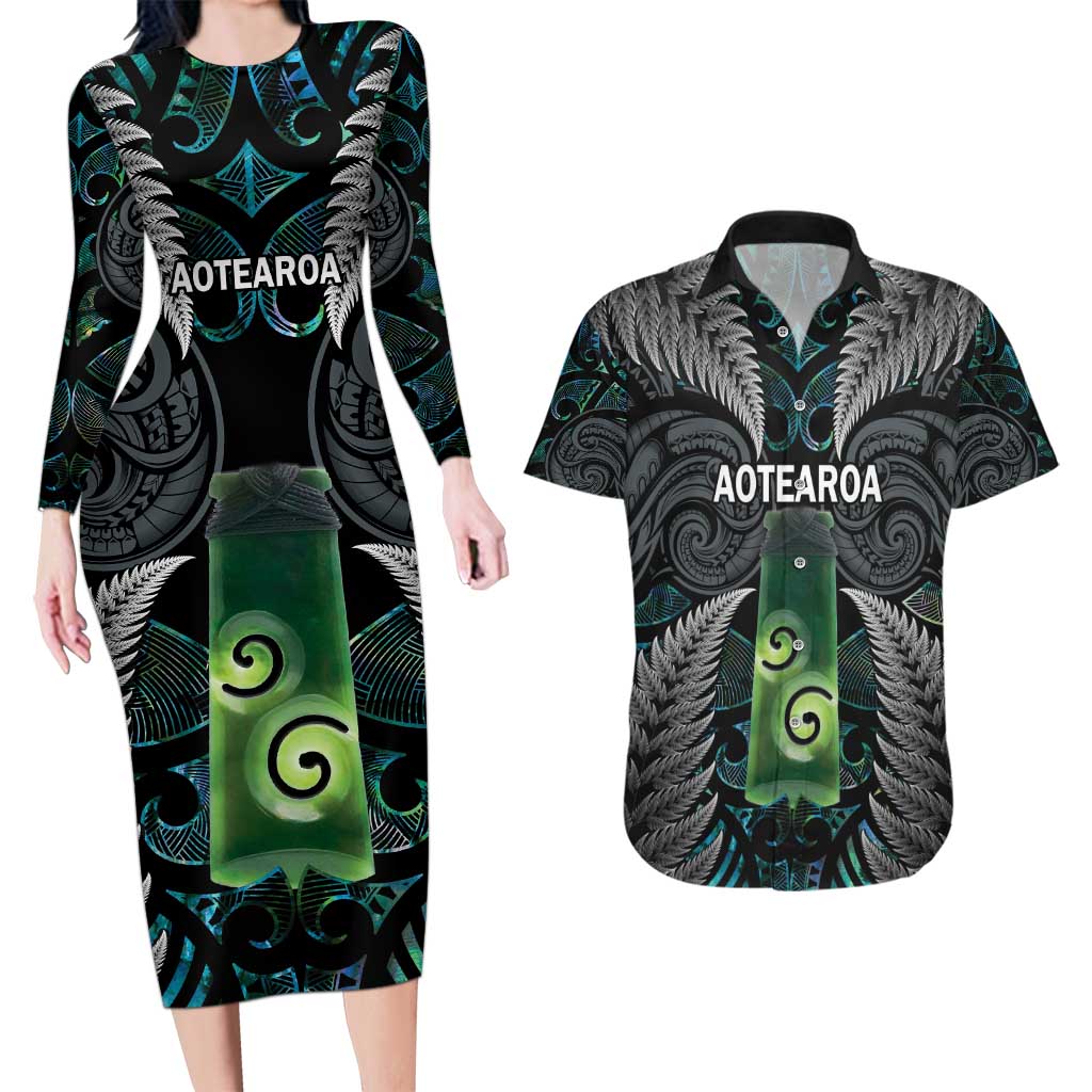 Personalised New Zealand Toki Couples Matching Long Sleeve Bodycon Dress and Hawaiian Shirt Silver Fern Mix Aotearoa Maori Pattern LT14 Black - Polynesian Pride