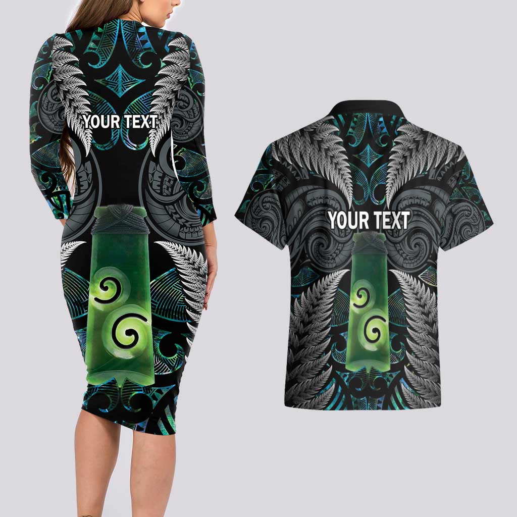 Personalised New Zealand Toki Couples Matching Long Sleeve Bodycon Dress and Hawaiian Shirt Silver Fern Mix Aotearoa Maori Pattern LT14 - Polynesian Pride