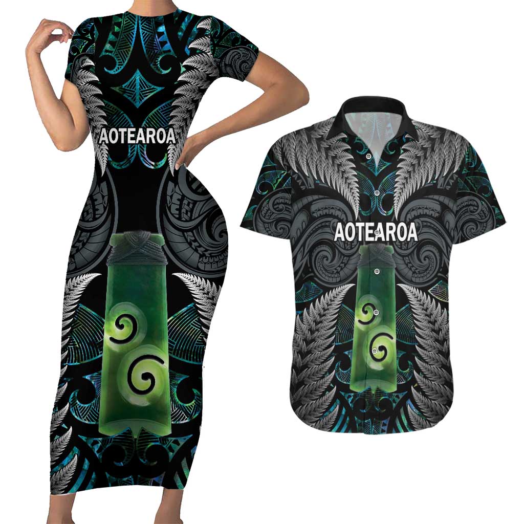 Personalised New Zealand Toki Couples Matching Short Sleeve Bodycon Dress and Hawaiian Shirt Silver Fern Mix Aotearoa Maori Pattern LT14 Black - Polynesian Pride