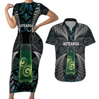 Personalised New Zealand Toki Couples Matching Short Sleeve Bodycon Dress and Hawaiian Shirt Silver Fern Mix Aotearoa Maori Pattern LT14 Black - Polynesian Pride