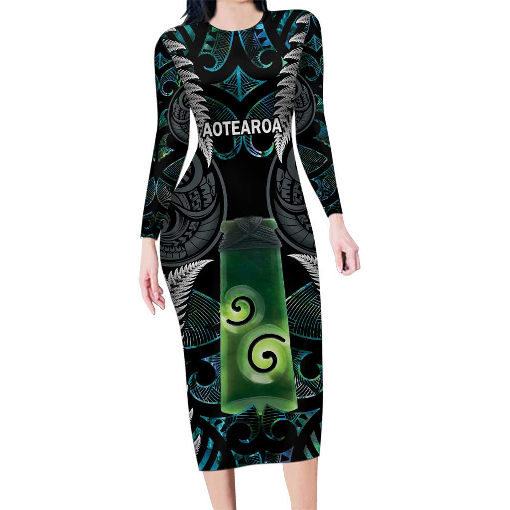 Personalised New Zealand Toki Family Matching Long Sleeve Bodycon Dress and Hawaiian Shirt Silver Fern Mix Aotearoa Maori Pattern LT14 Mom's Dress Black - Polynesian Pride