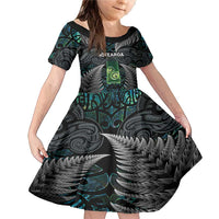 Personalised New Zealand Toki Family Matching Mermaid Dress and Hawaiian Shirt Silver Fern Mix Aotearoa Maori Pattern LT14 Daughter's Dress Black - Polynesian Pride