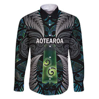 Personalised New Zealand Toki Family Matching Mermaid Dress and Hawaiian Shirt Silver Fern Mix Aotearoa Maori Pattern LT14 Dad's Shirt - Long Sleeve Black - Polynesian Pride