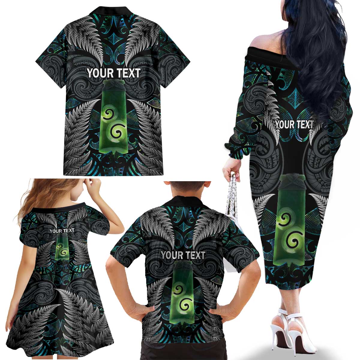 Personalised New Zealand Toki Family Matching Off The Shoulder Long Sleeve Dress and Hawaiian Shirt Silver Fern Mix Aotearoa Maori Pattern LT14 - Polynesian Pride