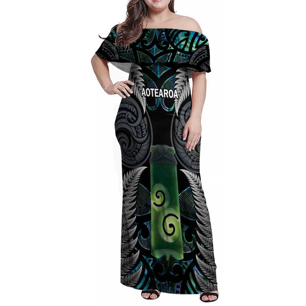 Personalised New Zealand Toki Family Matching Off Shoulder Maxi Dress and Hawaiian Shirt Silver Fern Mix Aotearoa Maori Pattern LT14 Mom's Dress Black - Polynesian Pride