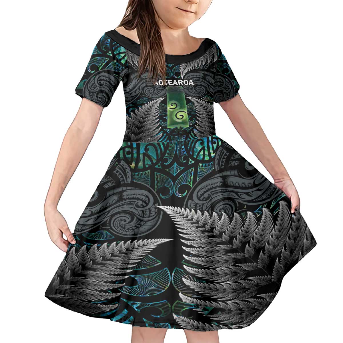 Personalised New Zealand Toki Family Matching Puletasi and Hawaiian Shirt Silver Fern Mix Aotearoa Maori Pattern LT14 Daughter's Dress Black - Polynesian Pride