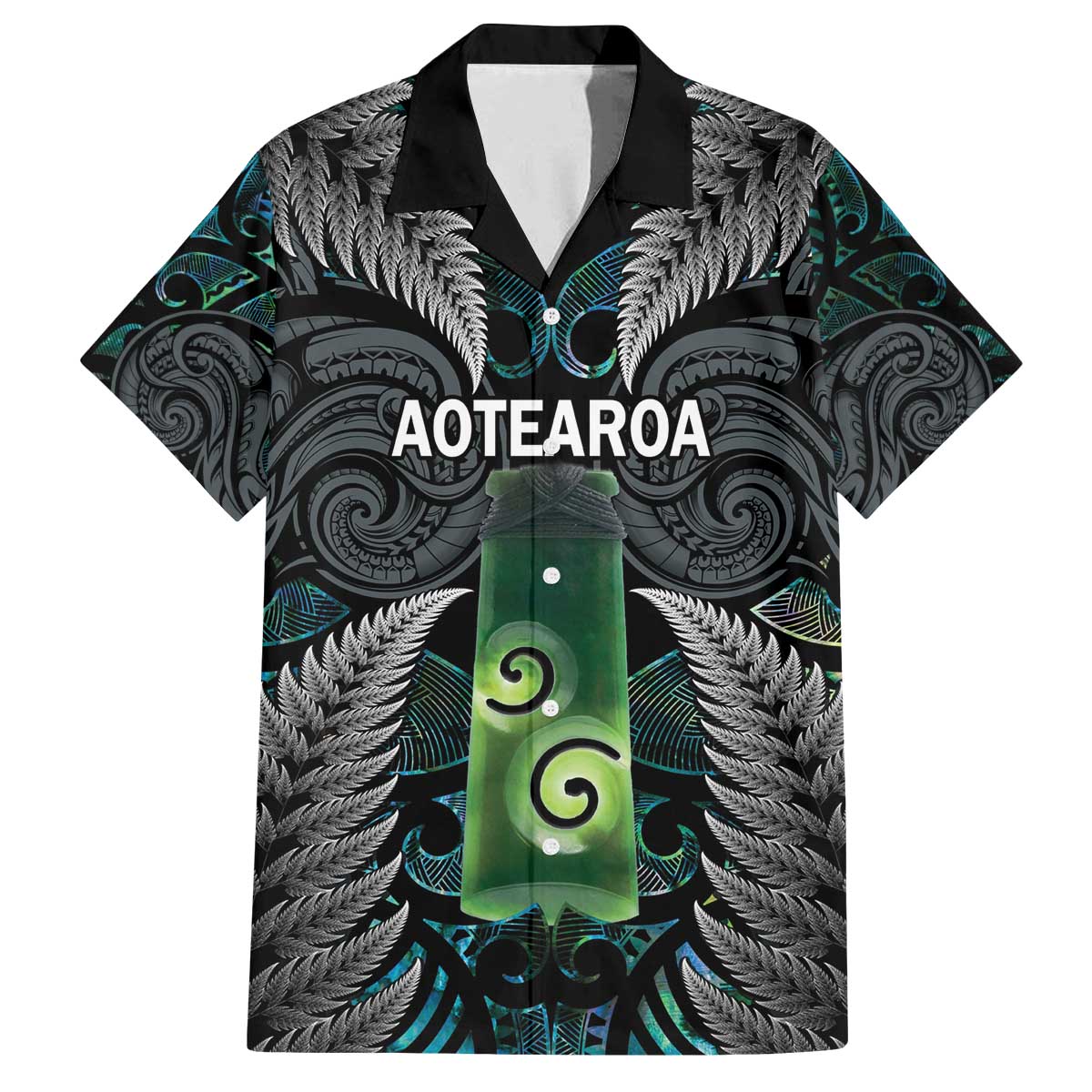 Personalised New Zealand Toki Family Matching Puletasi and Hawaiian Shirt Silver Fern Mix Aotearoa Maori Pattern LT14 Dad's Shirt - Short Sleeve Black - Polynesian Pride