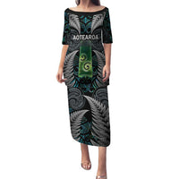 Personalised New Zealand Toki Family Matching Puletasi and Hawaiian Shirt Silver Fern Mix Aotearoa Maori Pattern LT14 Mom's Dress Black - Polynesian Pride