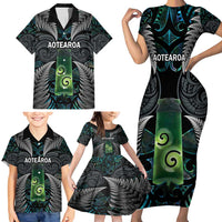 Personalised New Zealand Toki Family Matching Short Sleeve Bodycon Dress and Hawaiian Shirt Silver Fern Mix Aotearoa Maori Pattern LT14 - Polynesian Pride