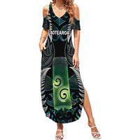 Personalised New Zealand Toki Family Matching Summer Maxi Dress and Hawaiian Shirt Silver Fern Mix Aotearoa Maori Pattern LT14 Mom's Dress Black - Polynesian Pride