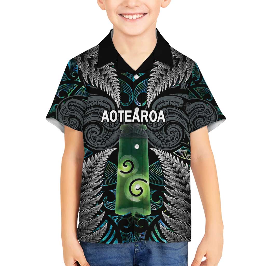Personalised New Zealand Toki Family Matching Summer Maxi Dress and Hawaiian Shirt Silver Fern Mix Aotearoa Maori Pattern LT14 Son's Shirt Black - Polynesian Pride