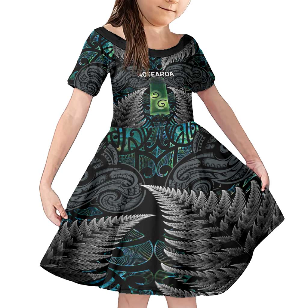 Personalised New Zealand Toki Family Matching Tank Maxi Dress and Hawaiian Shirt Silver Fern Mix Aotearoa Maori Pattern LT14 Daughter's Dress Black - Polynesian Pride
