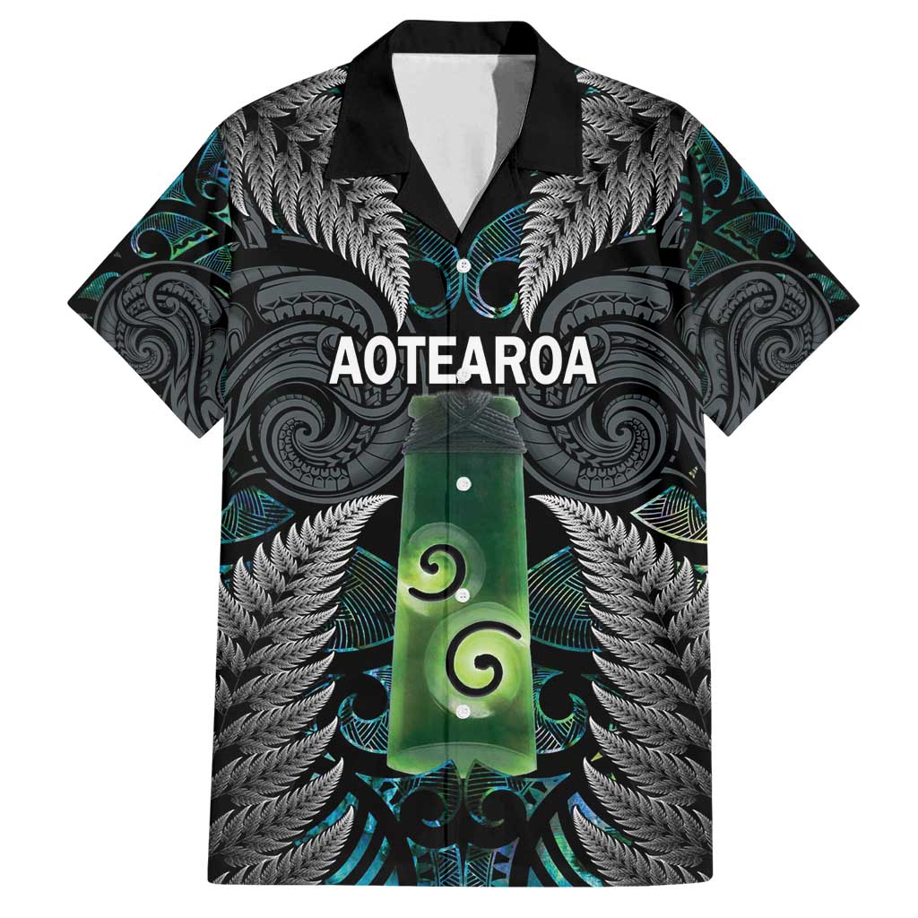 Personalised New Zealand Toki Family Matching Tank Maxi Dress and Hawaiian Shirt Silver Fern Mix Aotearoa Maori Pattern LT14 Dad's Shirt - Short Sleeve Black - Polynesian Pride