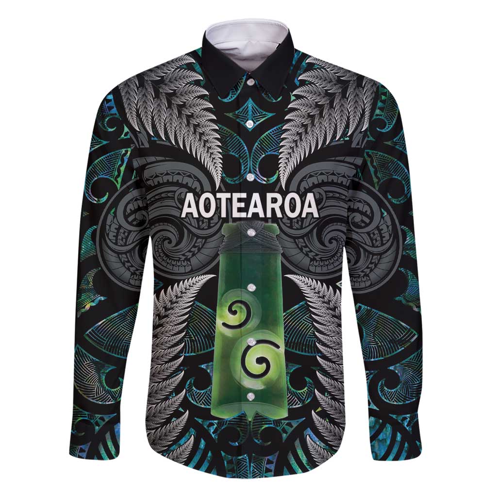 Personalised New Zealand Toki Family Matching Tank Maxi Dress and Hawaiian Shirt Silver Fern Mix Aotearoa Maori Pattern LT14 Dad's Shirt - Long Sleeve Black - Polynesian Pride