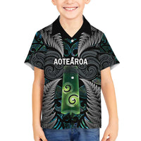 Personalised New Zealand Toki Family Matching Tank Maxi Dress and Hawaiian Shirt Silver Fern Mix Aotearoa Maori Pattern LT14 Son's Shirt Black - Polynesian Pride