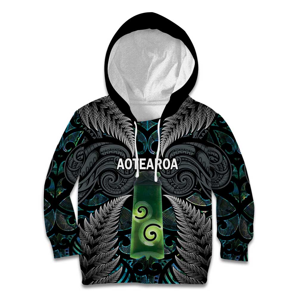 Personalised New Zealand Toki Kid Hoodie Silver Fern Mix Aotearoa Maori Pattern LT14 Hoodie Black - Polynesian Pride