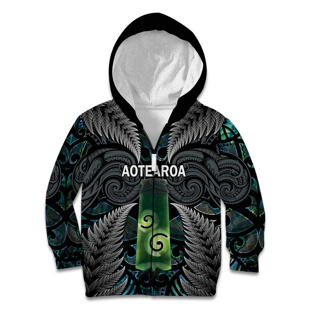 Personalised New Zealand Toki Kid Hoodie Silver Fern Mix Aotearoa Maori Pattern LT14 Zip Hoodie Black - Polynesian Pride