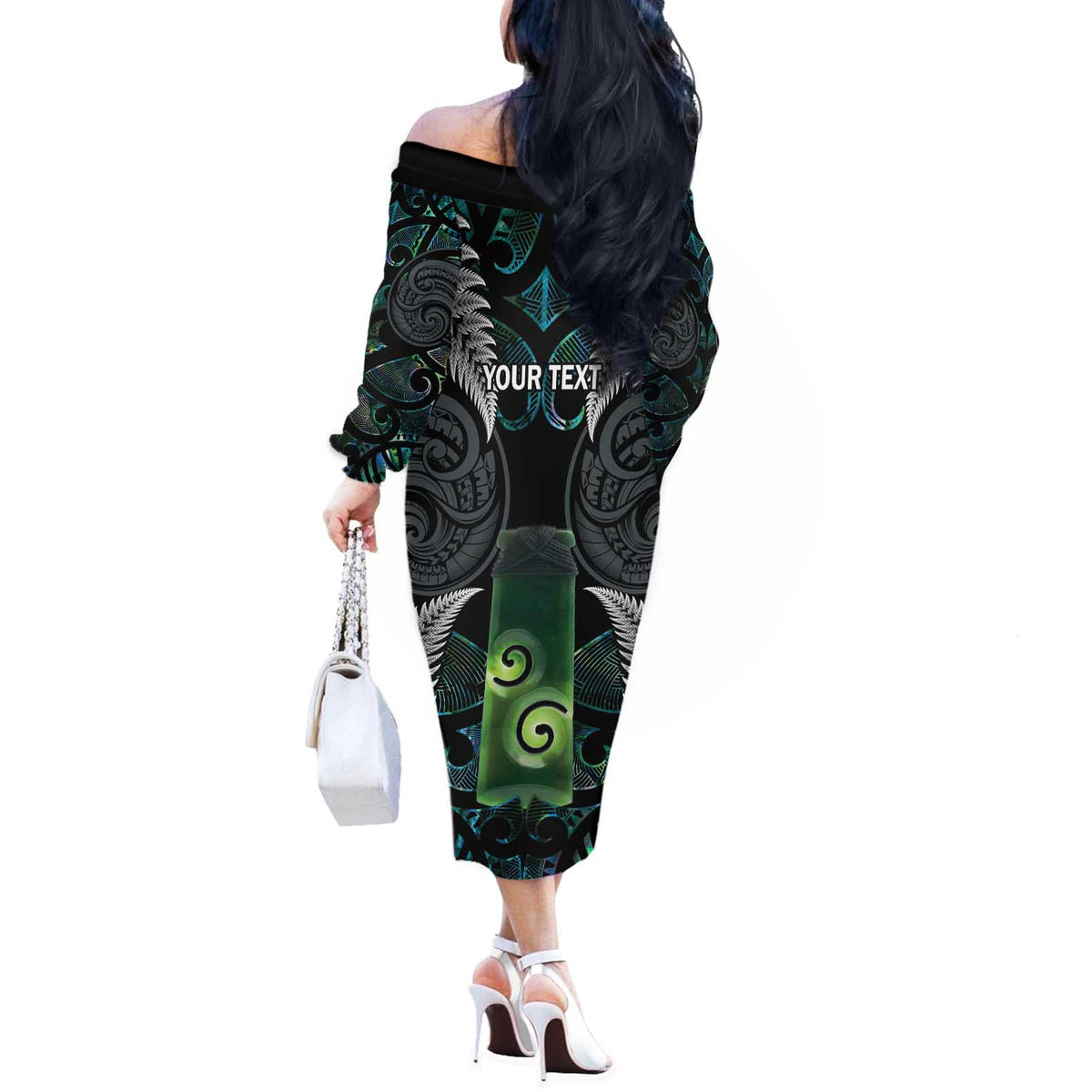 Personalised New Zealand Toki Off The Shoulder Long Sleeve Dress Silver Fern Mix Aotearoa Maori Pattern