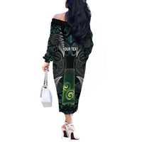 Personalised New Zealand Toki Off The Shoulder Long Sleeve Dress Silver Fern Mix Aotearoa Maori Pattern