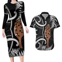 New Zealand Maripi Couples Matching Long Sleeve Bodycon Dress and Hawaiian Shirt Silver Fern Mix Aotearoa Maori Pattern LT14 Black - Polynesian Pride