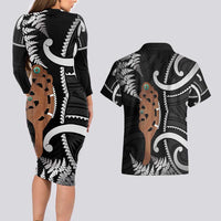 New Zealand Maripi Couples Matching Long Sleeve Bodycon Dress and Hawaiian Shirt Silver Fern Mix Aotearoa Maori Pattern LT14 - Polynesian Pride