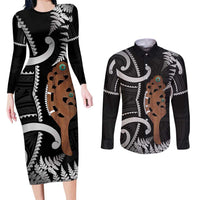 New Zealand Maripi Couples Matching Long Sleeve Bodycon Dress and Long Sleeve Button Shirt Silver Fern Mix Aotearoa Maori Pattern LT14 Black - Polynesian Pride