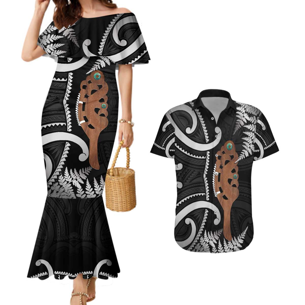 New Zealand Maripi Couples Matching Mermaid Dress and Hawaiian Shirt Silver Fern Mix Aotearoa Maori Pattern LT14 Black - Polynesian Pride