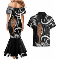 New Zealand Maripi Couples Matching Mermaid Dress and Hawaiian Shirt Silver Fern Mix Aotearoa Maori Pattern LT14 - Polynesian Pride