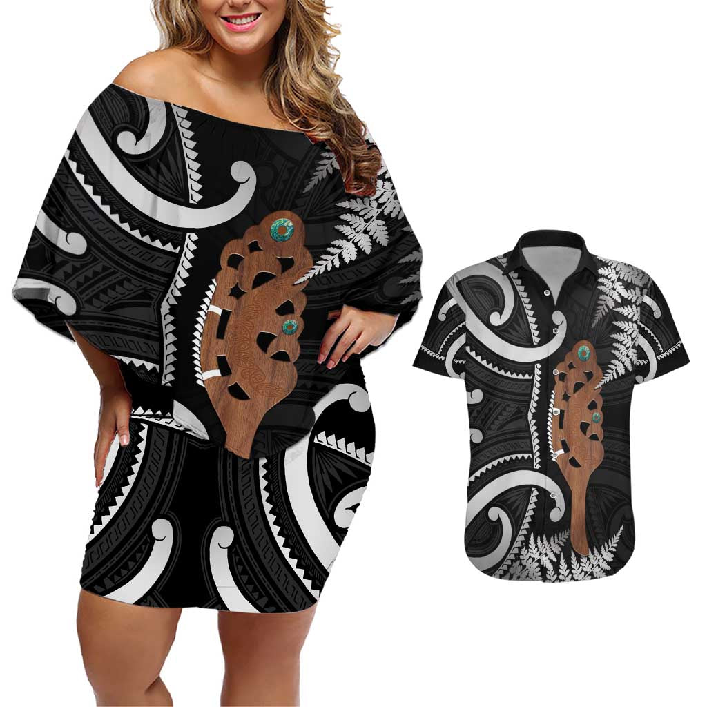 New Zealand Maripi Couples Matching Off Shoulder Short Dress and Hawaiian Shirt Silver Fern Mix Aotearoa Maori Pattern LT14 Black - Polynesian Pride