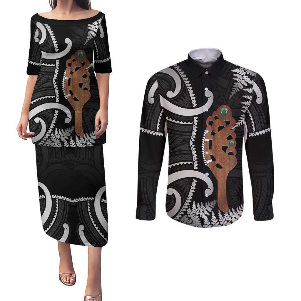 New Zealand Maripi Couples Matching Puletasi and Long Sleeve Button Shirt Silver Fern Mix Aotearoa Maori Pattern