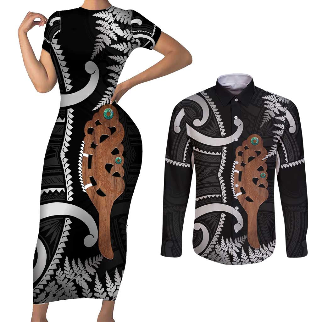New Zealand Maripi Couples Matching Short Sleeve Bodycon Dress and Long Sleeve Button Shirt Silver Fern Mix Aotearoa Maori Pattern LT14 Black - Polynesian Pride