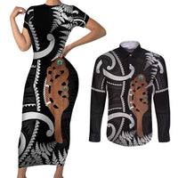 New Zealand Maripi Couples Matching Short Sleeve Bodycon Dress and Long Sleeve Button Shirt Silver Fern Mix Aotearoa Maori Pattern LT14 Black - Polynesian Pride