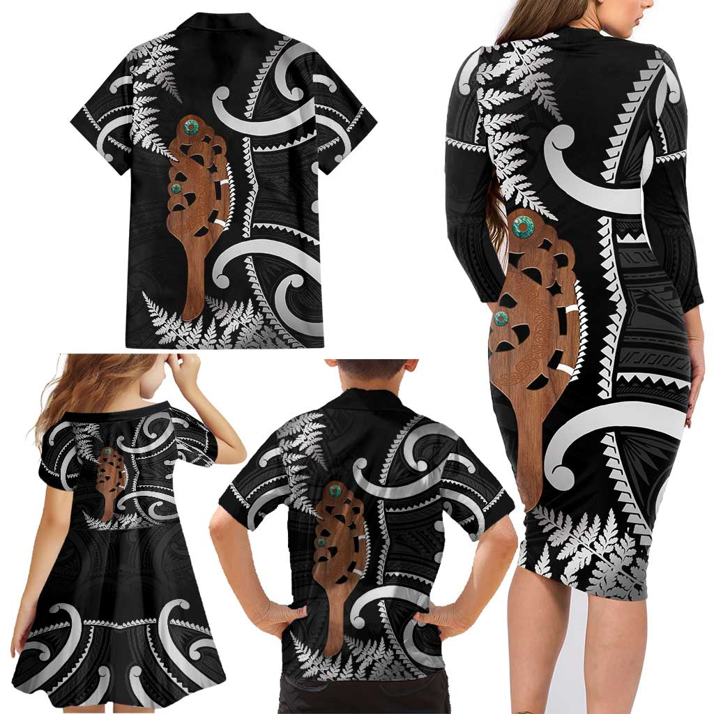 New Zealand Maripi Family Matching Long Sleeve Bodycon Dress and Hawaiian Shirt Silver Fern Mix Aotearoa Maori Pattern LT14 - Polynesian Pride