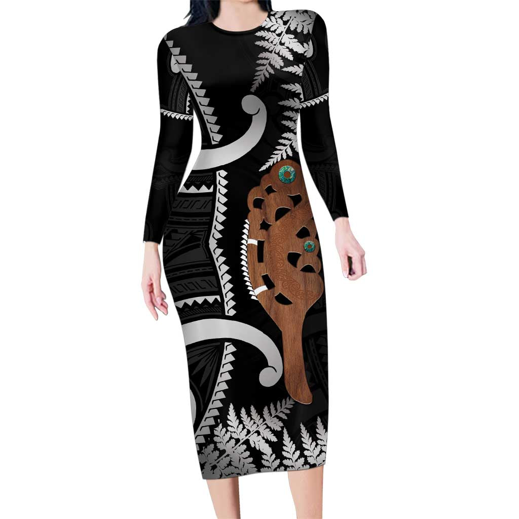 New Zealand Maripi Family Matching Long Sleeve Bodycon Dress and Hawaiian Shirt Silver Fern Mix Aotearoa Maori Pattern LT14 Mom's Dress Black - Polynesian Pride