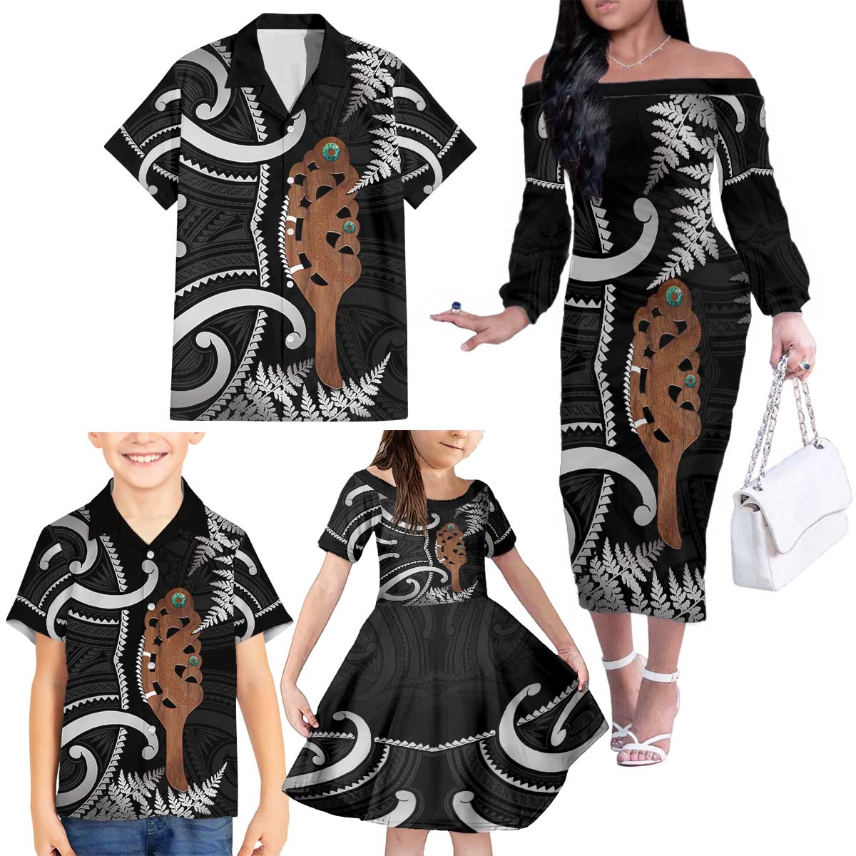 New Zealand Maripi Family Matching Off The Shoulder Long Sleeve Dress and Hawaiian Shirt Silver Fern Mix Aotearoa Maori Pattern LT14 - Polynesian Pride