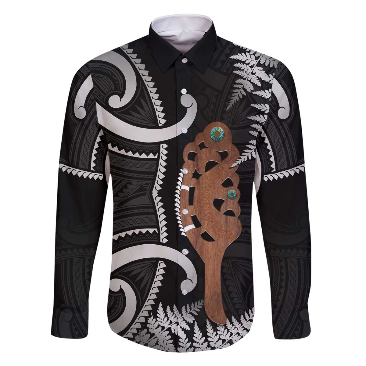 New Zealand Maripi Family Matching Off The Shoulder Long Sleeve Dress and Hawaiian Shirt Silver Fern Mix Aotearoa Maori Pattern LT14 Dad's Shirt - Long Sleeve Black - Polynesian Pride