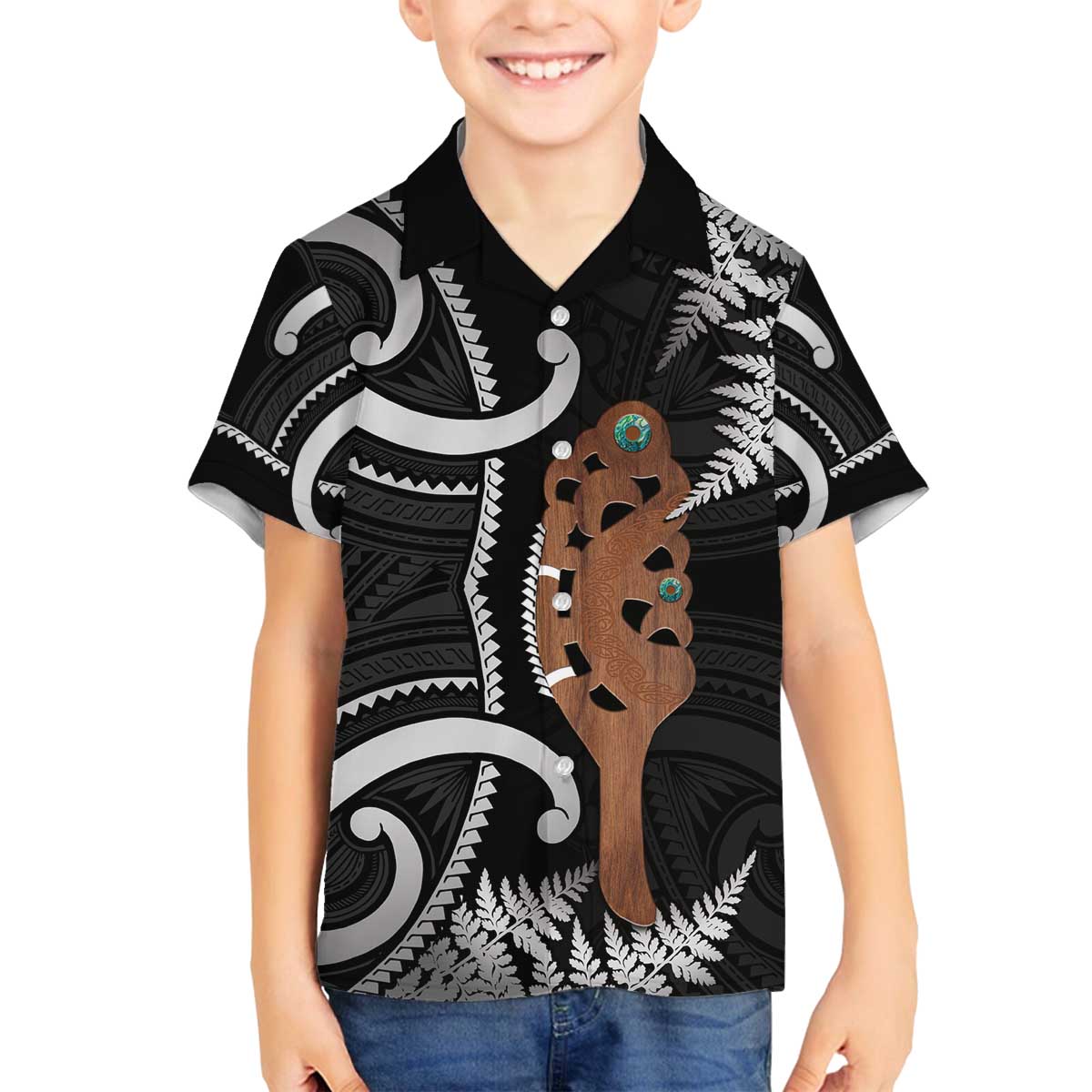 New Zealand Maripi Family Matching Off The Shoulder Long Sleeve Dress and Hawaiian Shirt Silver Fern Mix Aotearoa Maori Pattern LT14 Son's Shirt Black - Polynesian Pride