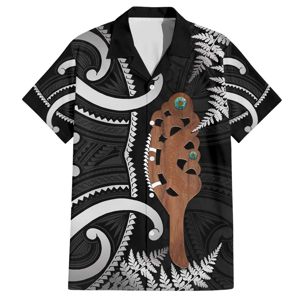 New Zealand Maripi Family Matching Off Shoulder Maxi Dress and Hawaiian Shirt Silver Fern Mix Aotearoa Maori Pattern LT14 Dad's Shirt - Short Sleeve Black - Polynesian Pride