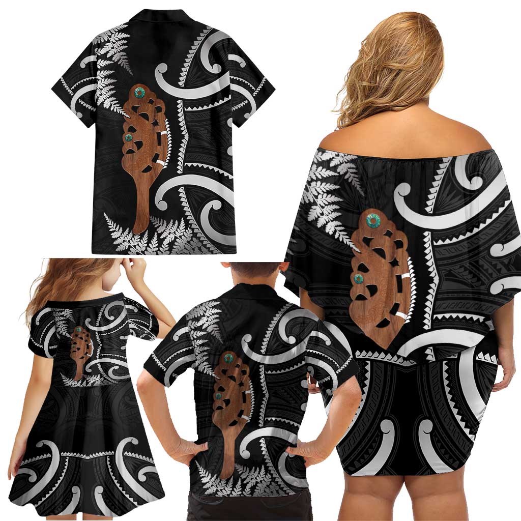 New Zealand Maripi Family Matching Off Shoulder Short Dress and Hawaiian Shirt Silver Fern Mix Aotearoa Maori Pattern LT14 - Polynesian Pride