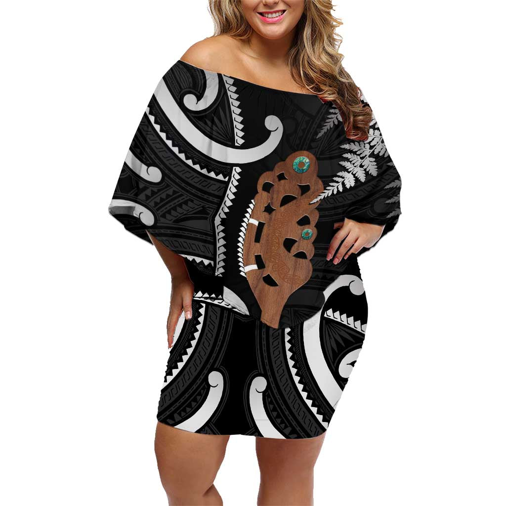 New Zealand Maripi Family Matching Off Shoulder Short Dress and Hawaiian Shirt Silver Fern Mix Aotearoa Maori Pattern LT14 Mom's Dress Black - Polynesian Pride