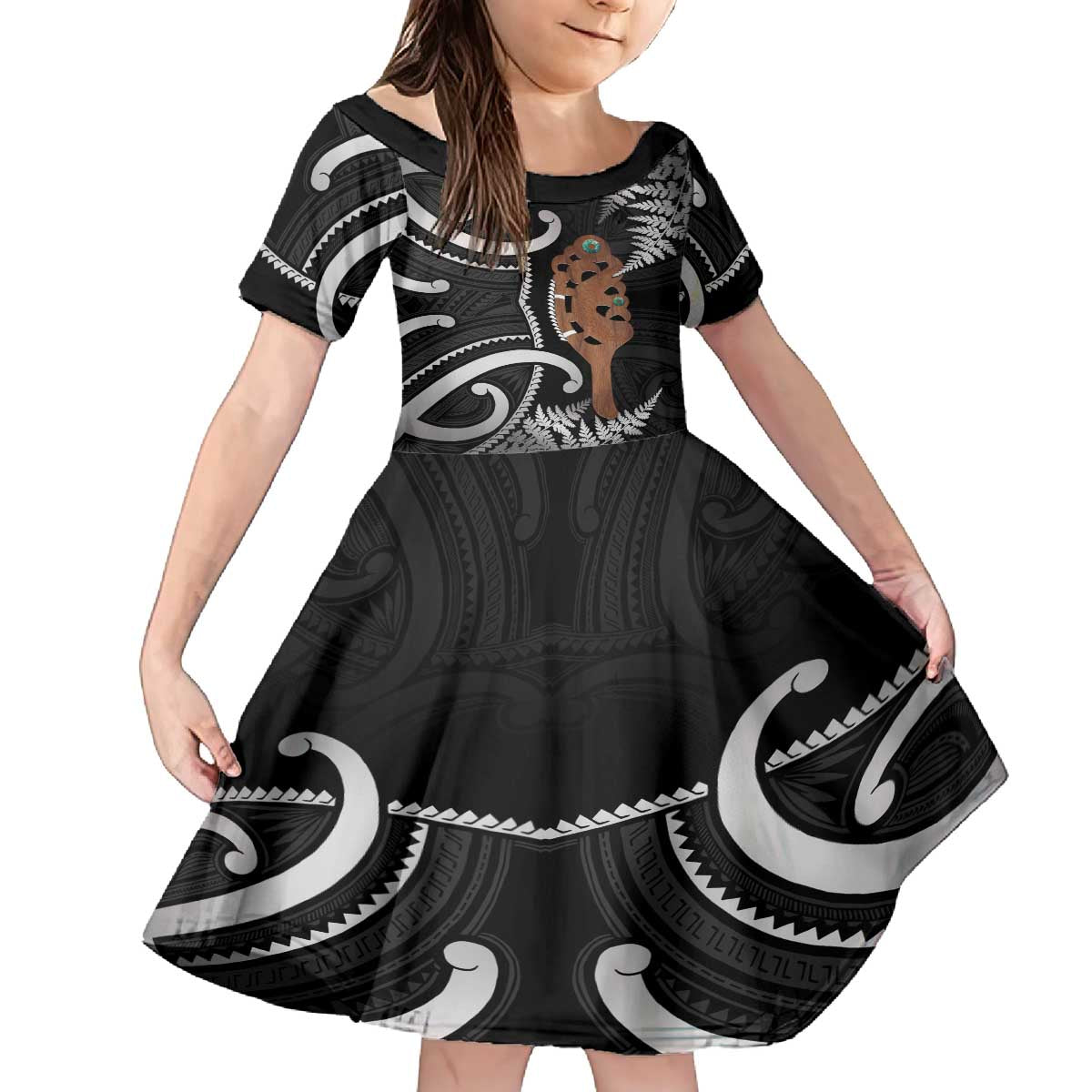New Zealand Maripi Family Matching Puletasi and Hawaiian Shirt Silver Fern Mix Aotearoa Maori Pattern LT14 Daughter's Dress Black - Polynesian Pride