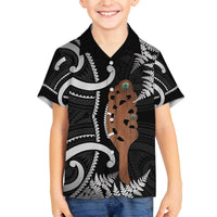 New Zealand Maripi Family Matching Puletasi and Hawaiian Shirt Silver Fern Mix Aotearoa Maori Pattern LT14 Son's Shirt Black - Polynesian Pride