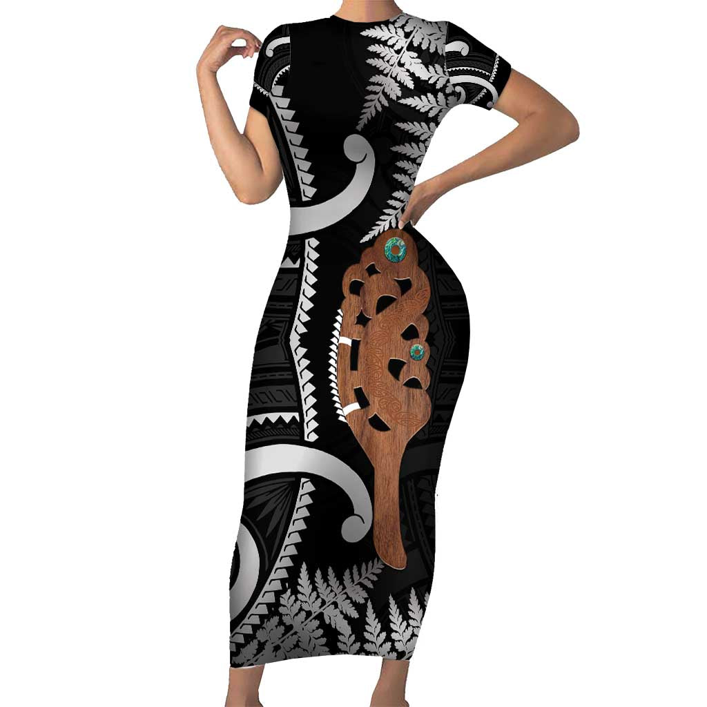 New Zealand Maripi Family Matching Short Sleeve Bodycon Dress and Hawaiian Shirt Silver Fern Mix Aotearoa Maori Pattern LT14 Mom's Dress Black - Polynesian Pride
