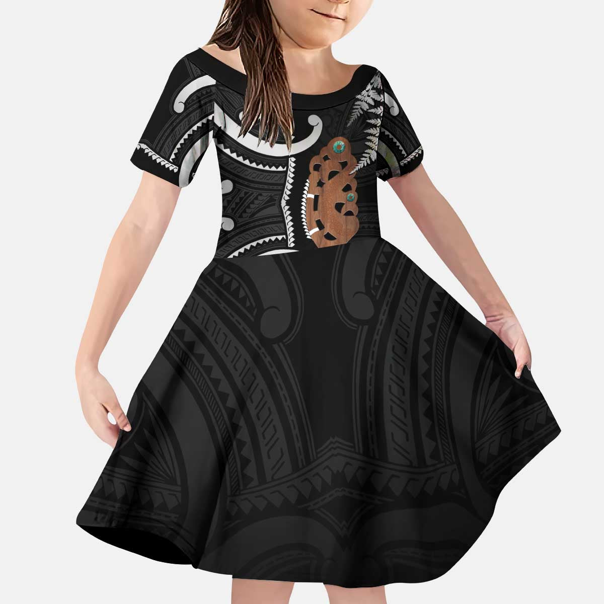 New Zealand Maripi Kid Short Sleeve Dress Silver Fern Mix Aotearoa Maori Pattern LT14 KID Black - Polynesian Pride