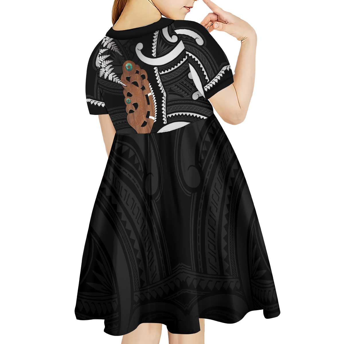 New Zealand Maripi Kid Short Sleeve Dress Silver Fern Mix Aotearoa Maori Pattern LT14 - Polynesian Pride