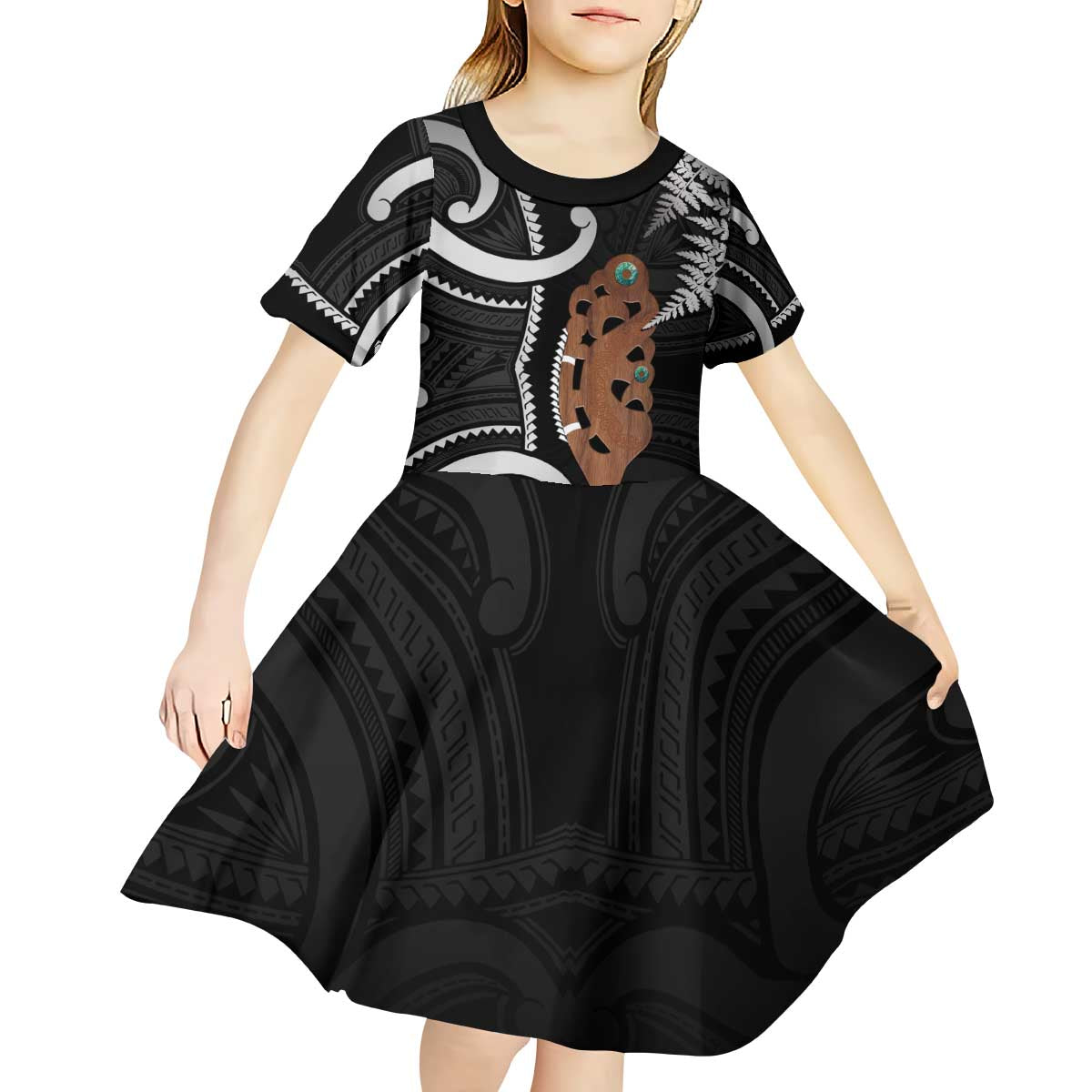 New Zealand Maripi Kid Short Sleeve Dress Silver Fern Mix Aotearoa Maori Pattern LT14 - Polynesian Pride
