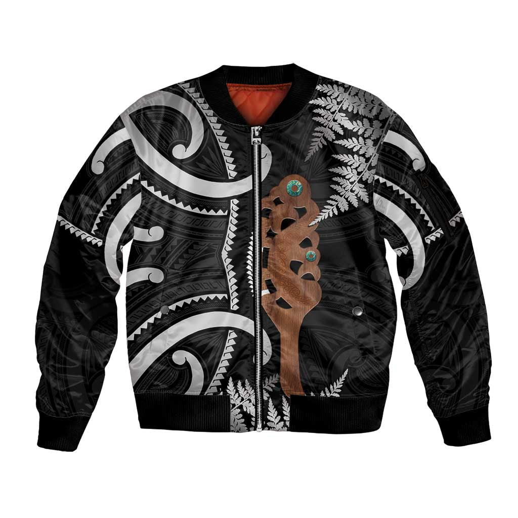 New Zealand Maripi Sleeve Zip Bomber Jacket Silver Fern Mix Aotearoa Maori Pattern LT14 Unisex Black - Polynesian Pride